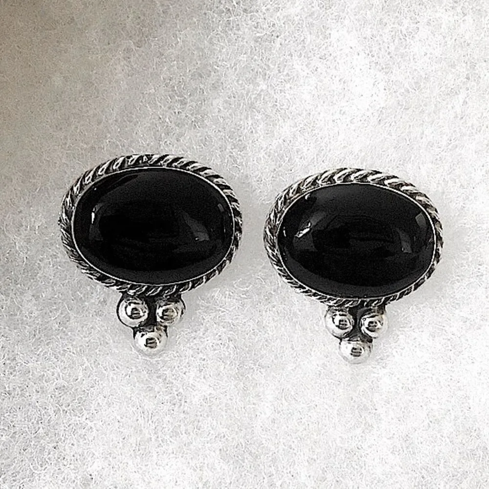 TAXCO Black Onyx Cabochon Sterling Silver Southwest Style Post Back Earrings